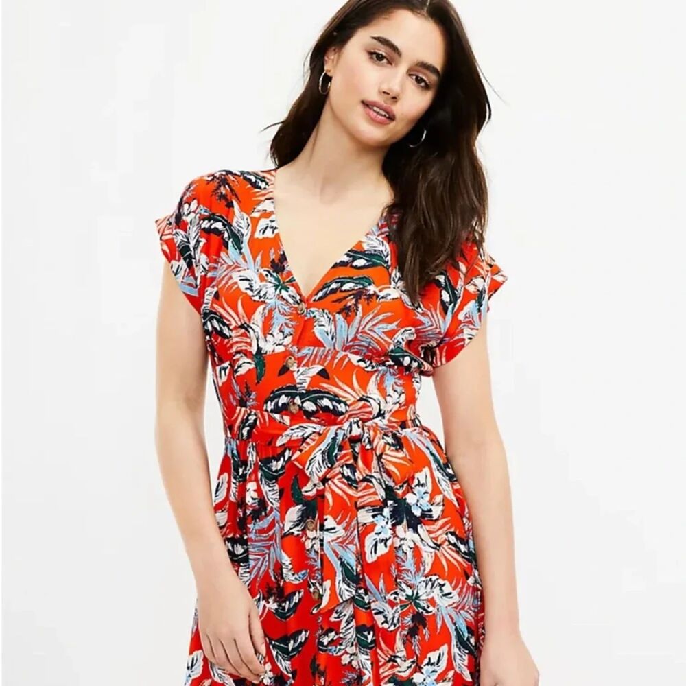 LOFT Red Tropical Floral V-Neck Button Front Tie Waist Midi Dress Size 6P
